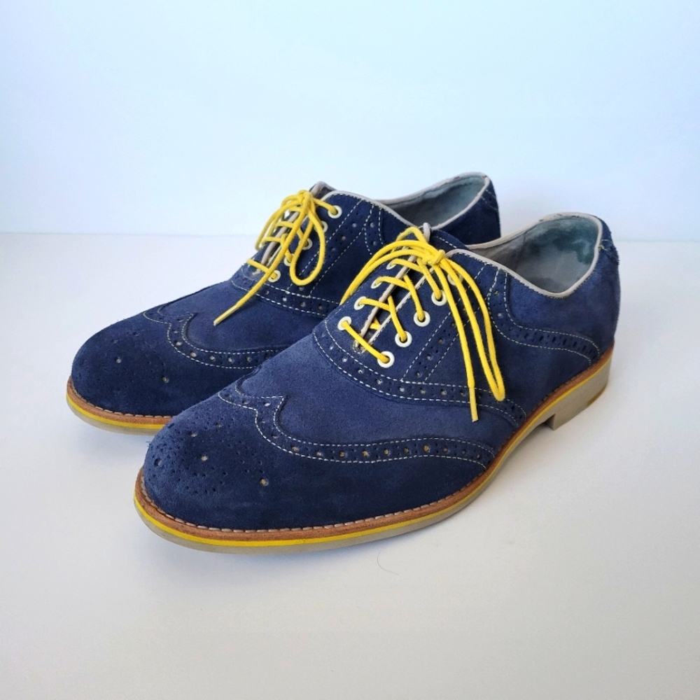 Johnston & Murphy Ellington Oxford Mens 10M Shoes Blue Suede Wingtip w/Yellow St